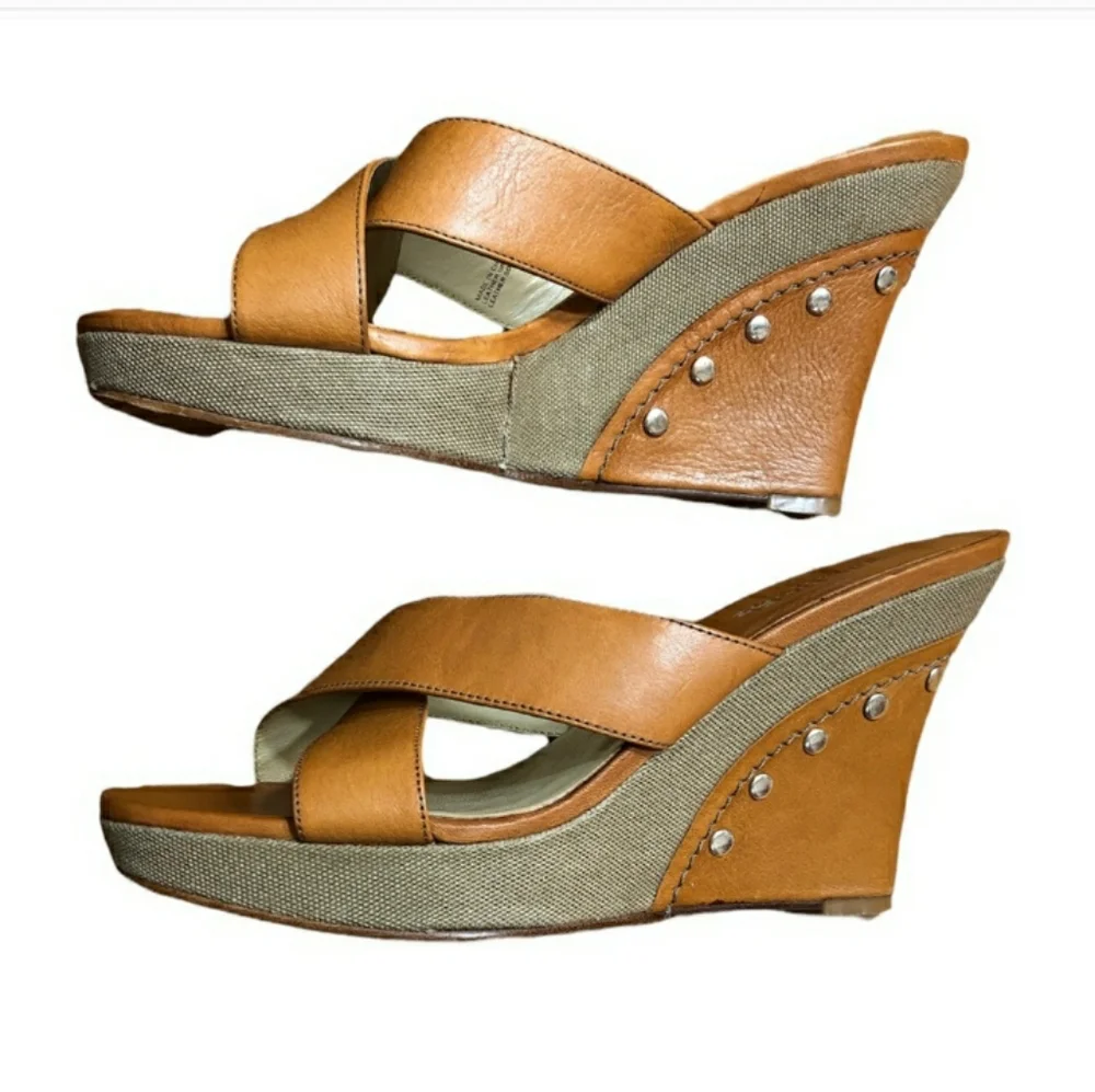 MICHAEL MICHAEL KORS Camel Cross Strap Leather & Canvas Wedges Size 7 EU…